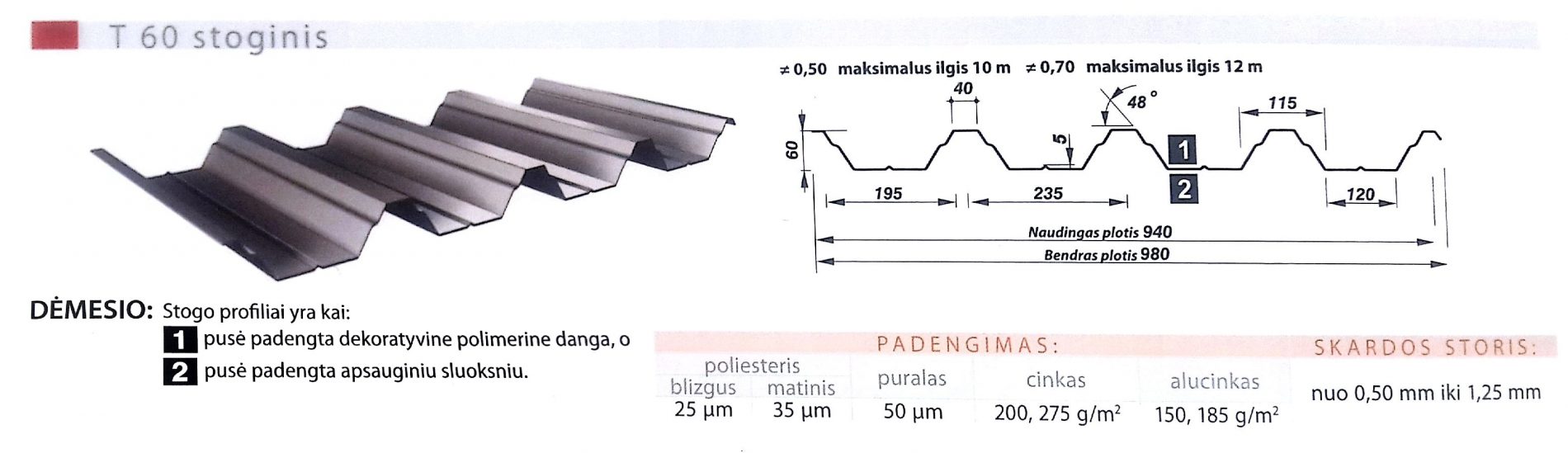 Plieninė stogo danga Trapecinis profilis T60 | stogocerpes.lt
